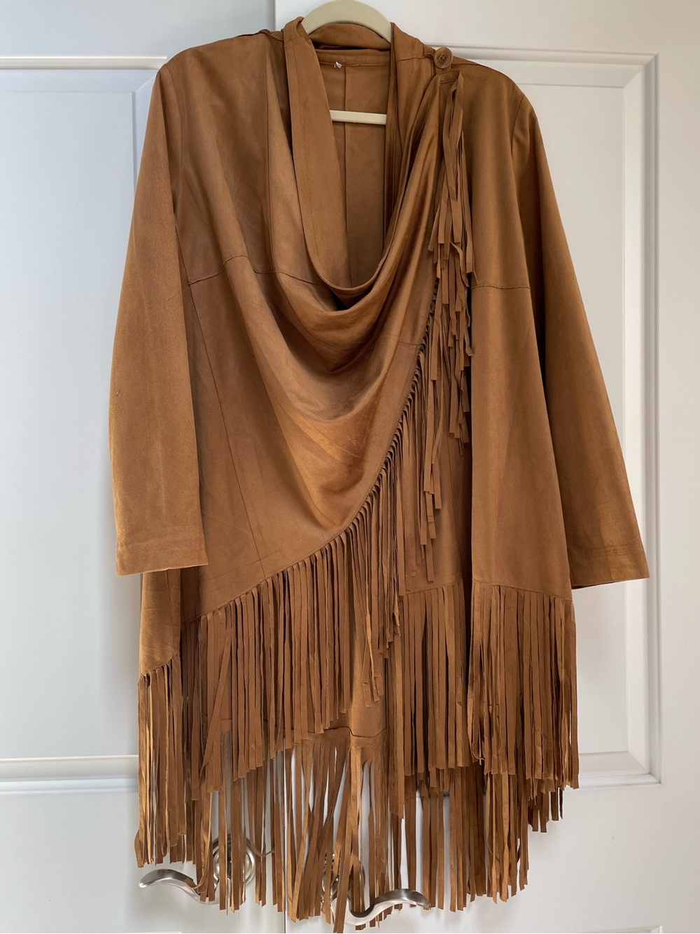 Chicos Faux Suede Medium Fringe Jacket Camel Brown Draped Cardigan Cape Western